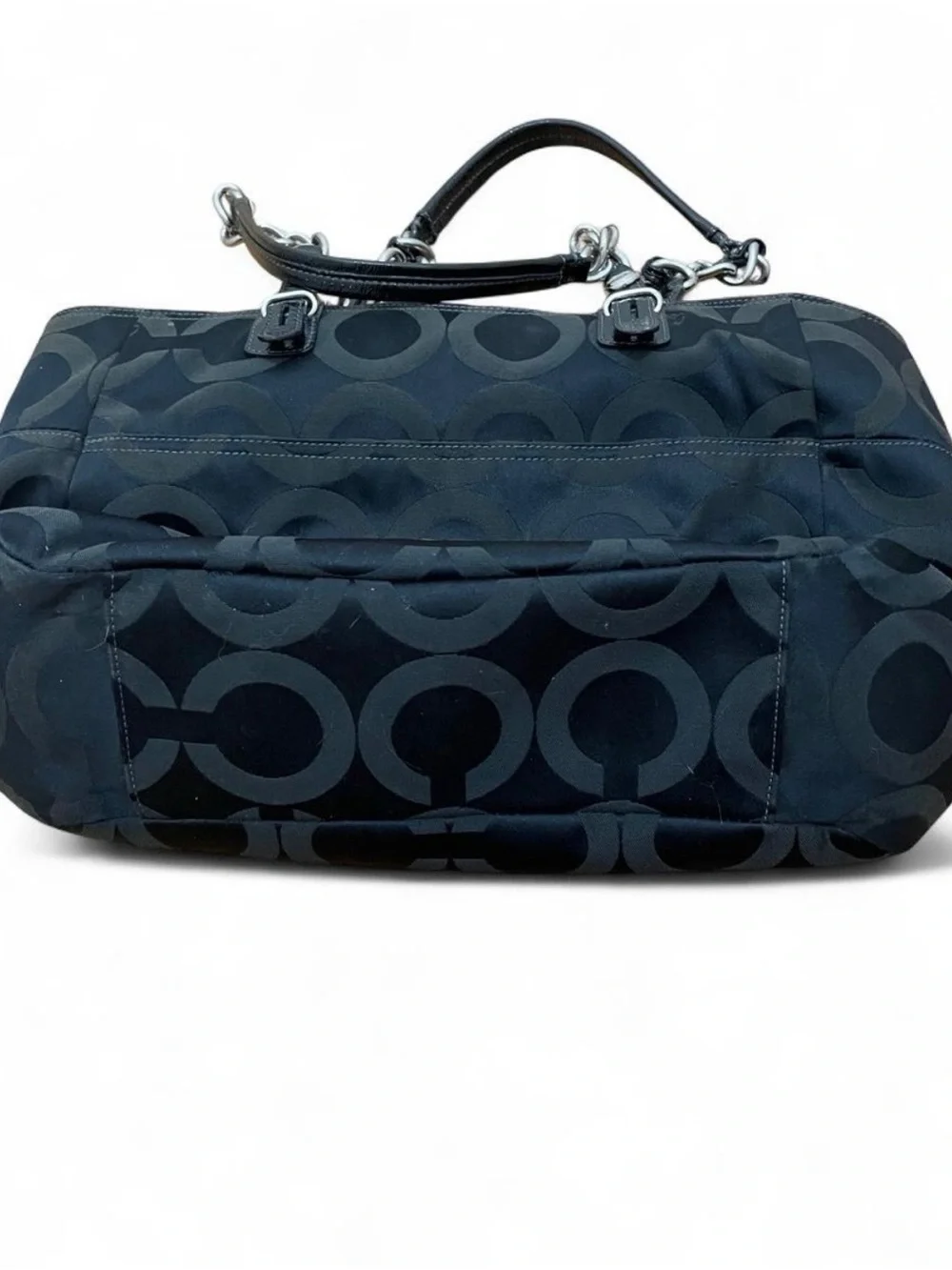 Coach Black and Dark Gray Signature Shoulder Tote with Chain Straps